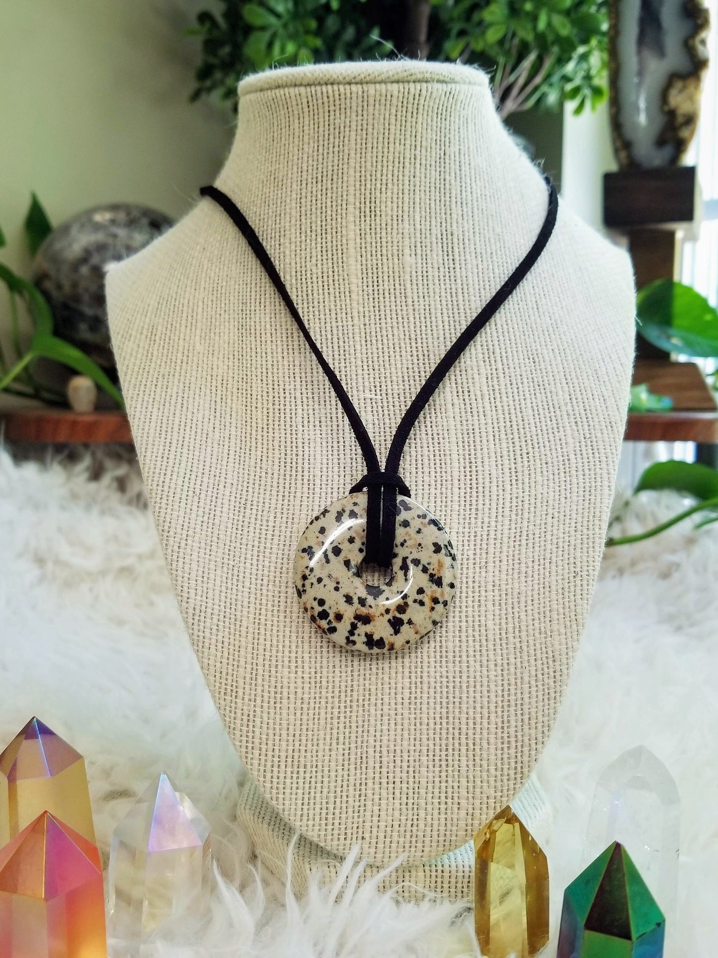 Dalmatian Jasper Gemstone Donut Pendant on Suede with .925 Sterling Silver Findings & Magnetic Clasp