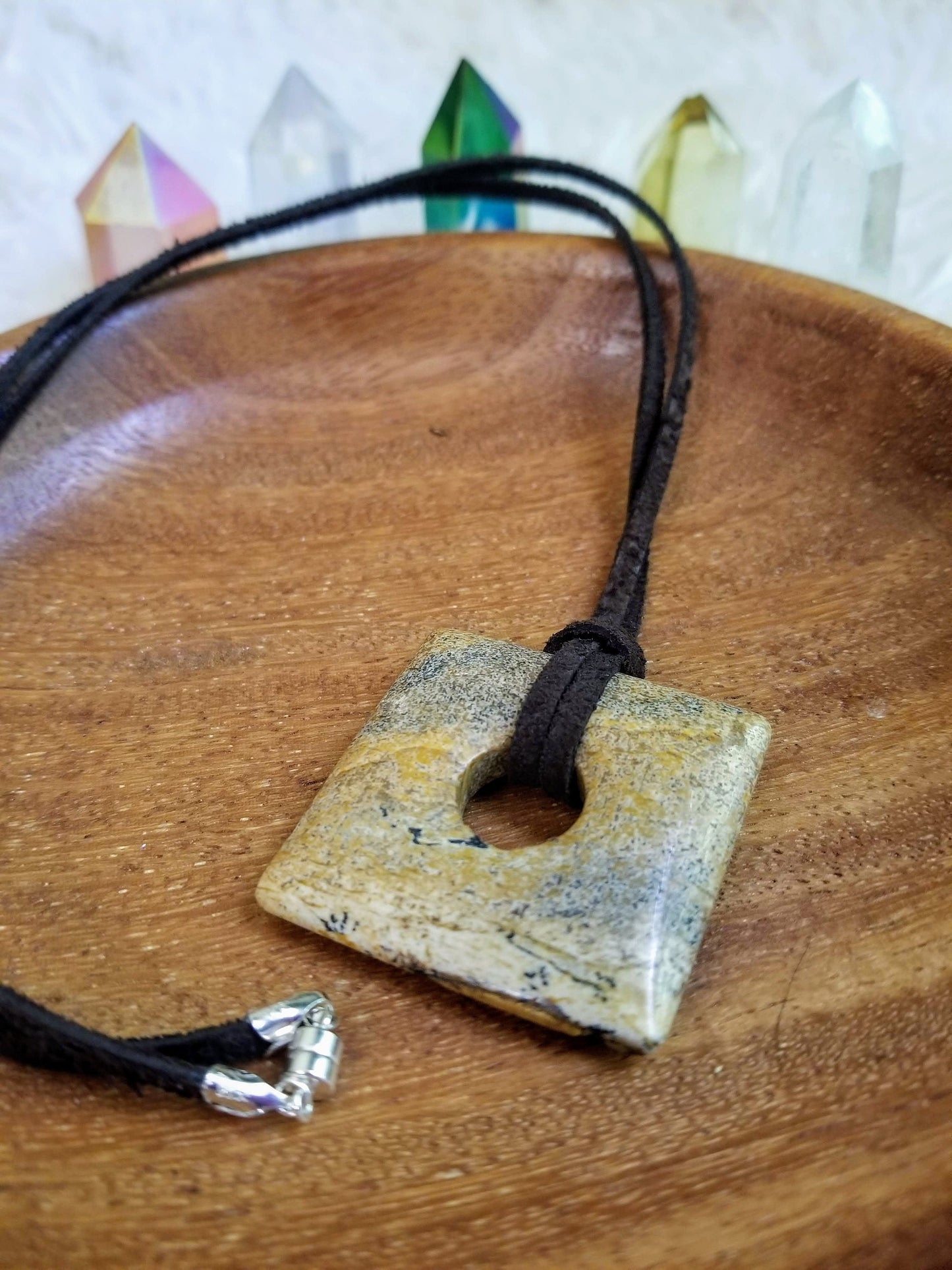 Picture Jasper Gemstone Square Donut Pendant on Suede with Sterling Silver Findings & Magnetic Clasp