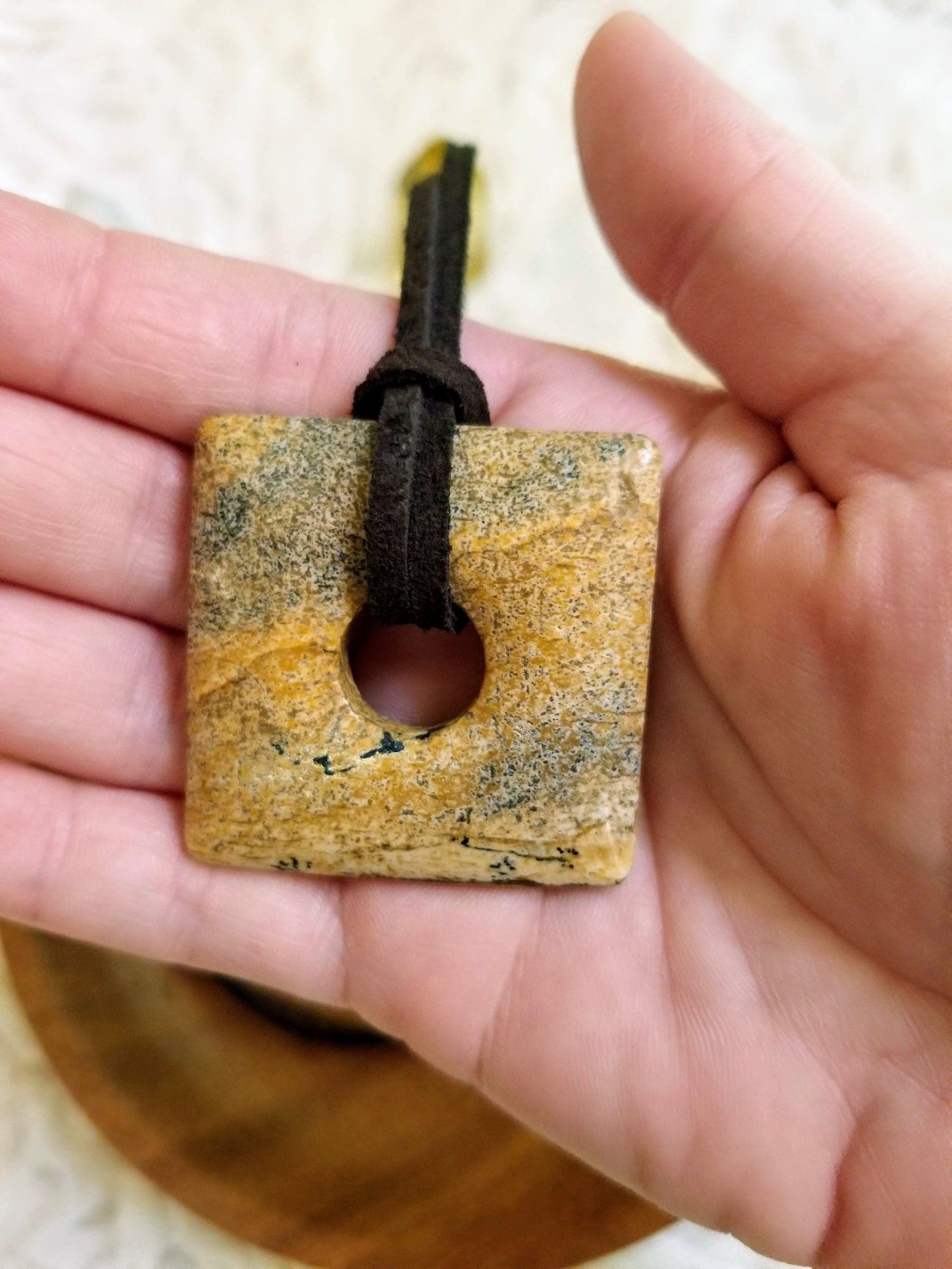 Picture Jasper Gemstone Square Donut Pendant on Suede with Sterling Silver Findings & Magnetic Clasp