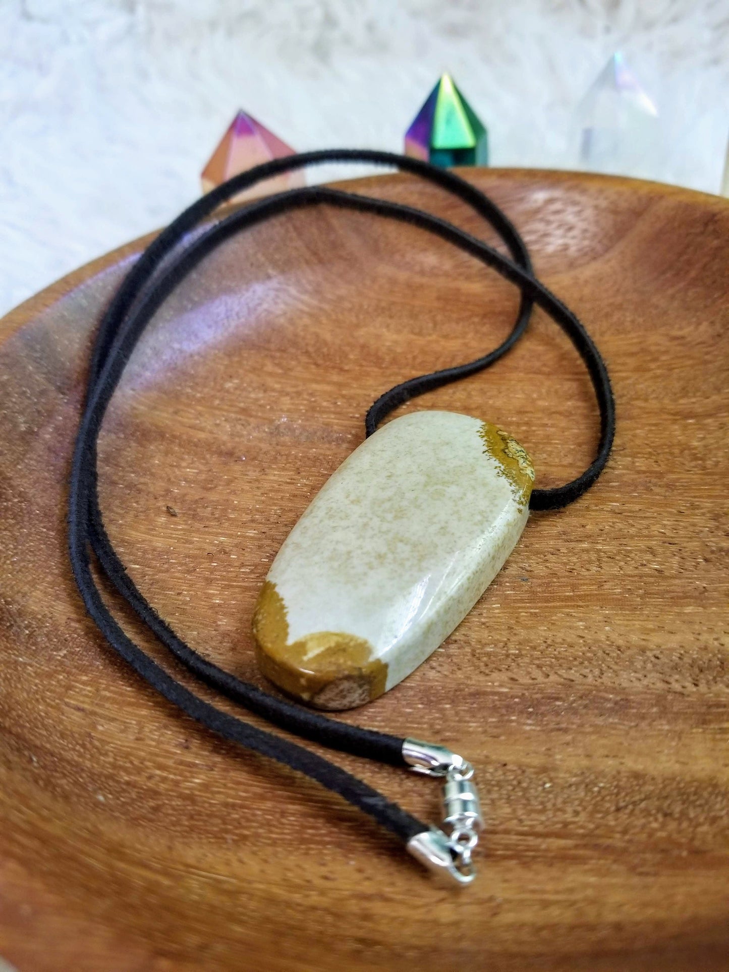 Picture Jasper Gemstone Pendant on Suede with .925 Sterling Silver Findings & Magnetic Clasp