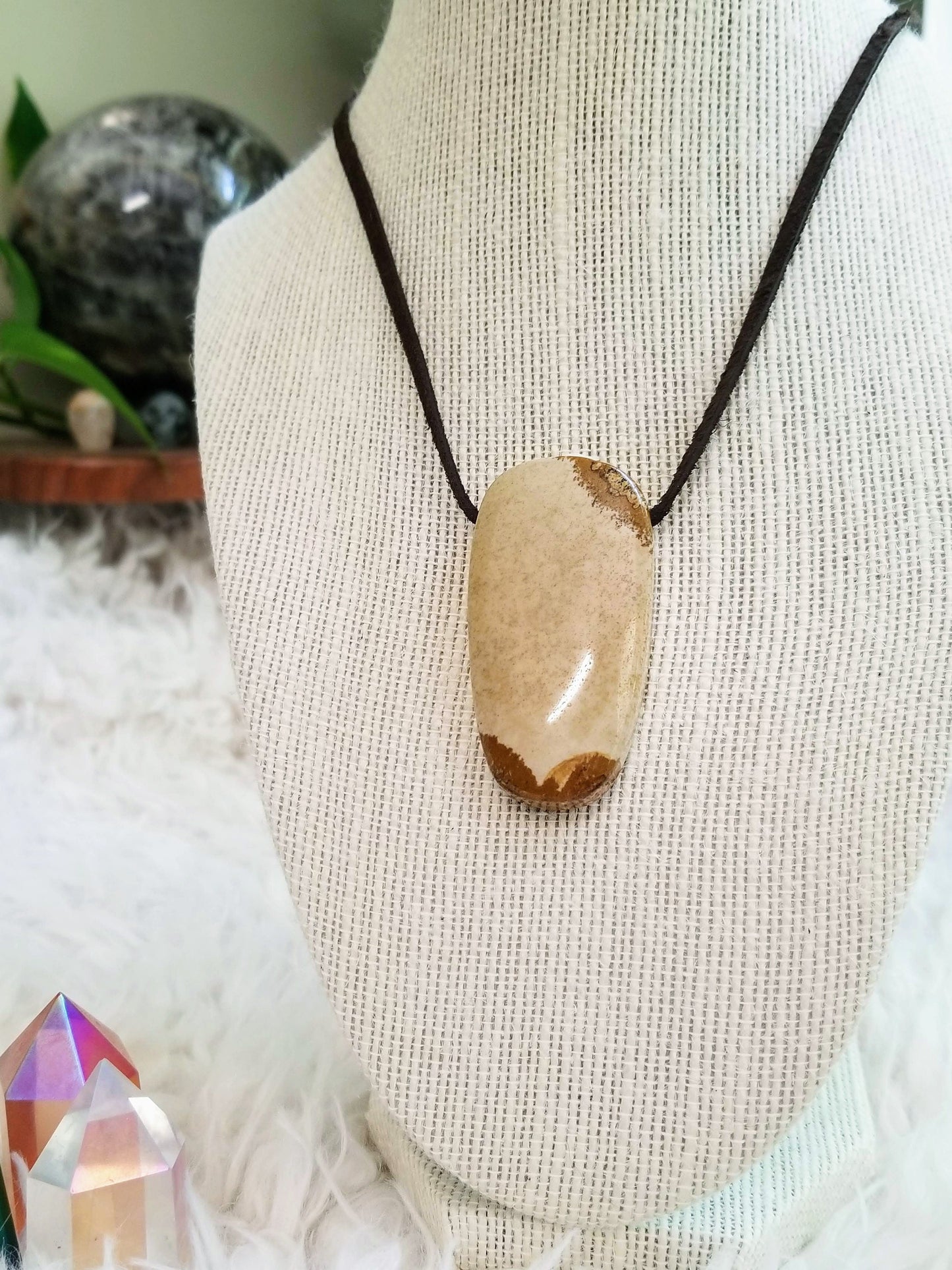 Picture Jasper Gemstone Pendant on Suede with .925 Sterling Silver Findings & Magnetic Clasp