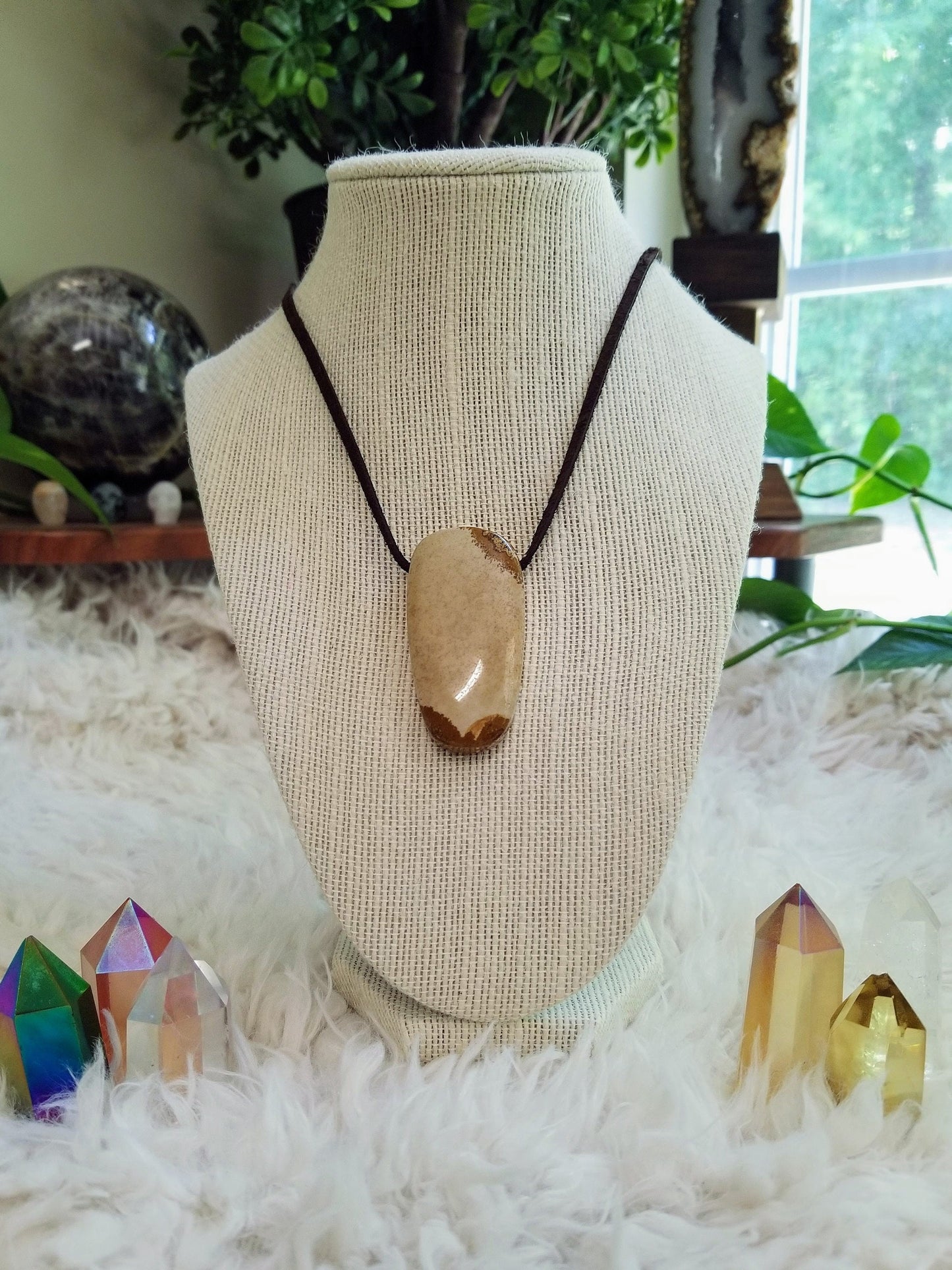 Picture Jasper Gemstone Pendant on Suede with .925 Sterling Silver Findings & Magnetic Clasp