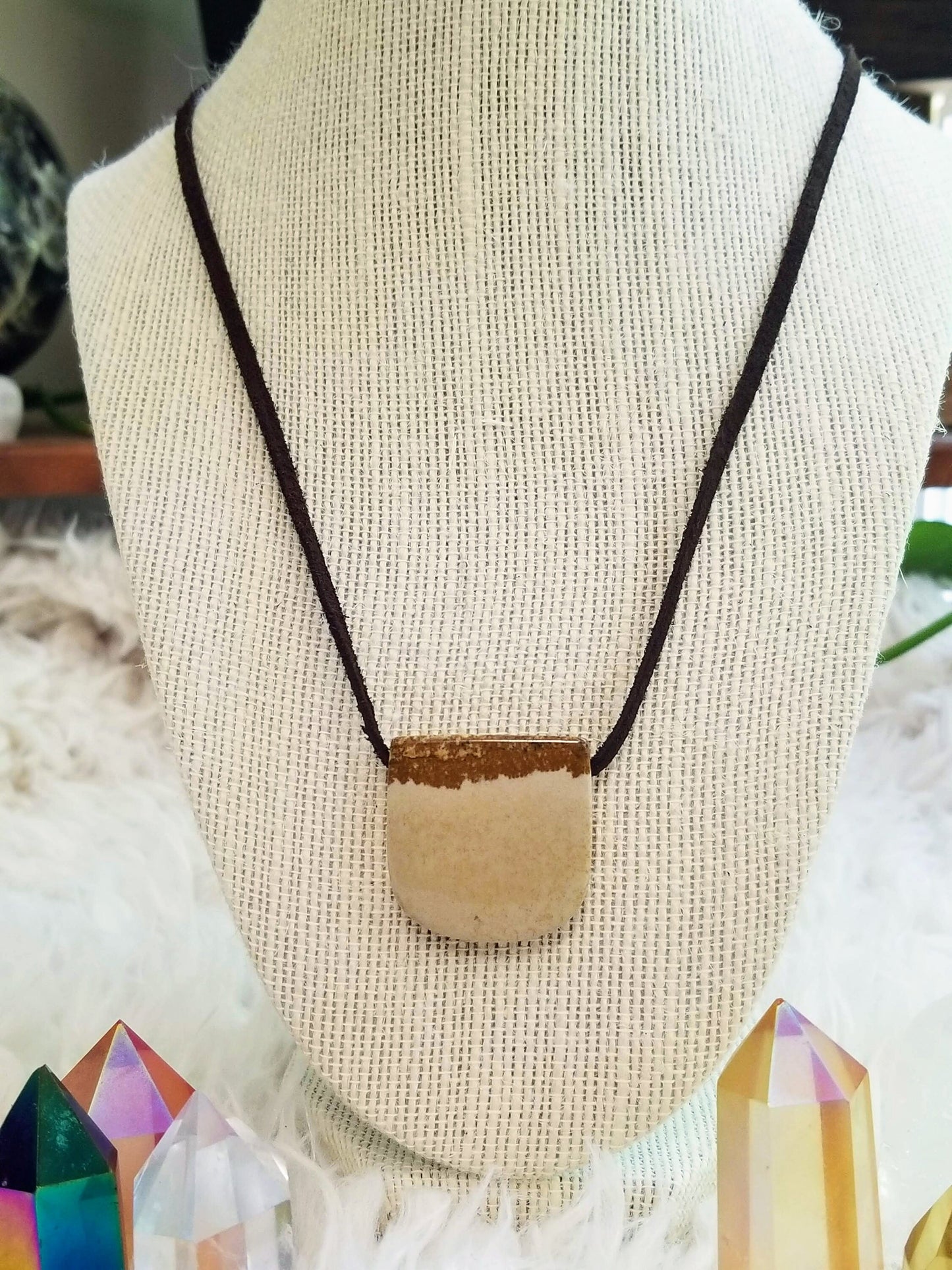 Picture Jasper Gemstone Banner Pendant on Suede with .925 Sterling Silver Findings & Magnetic Clasp