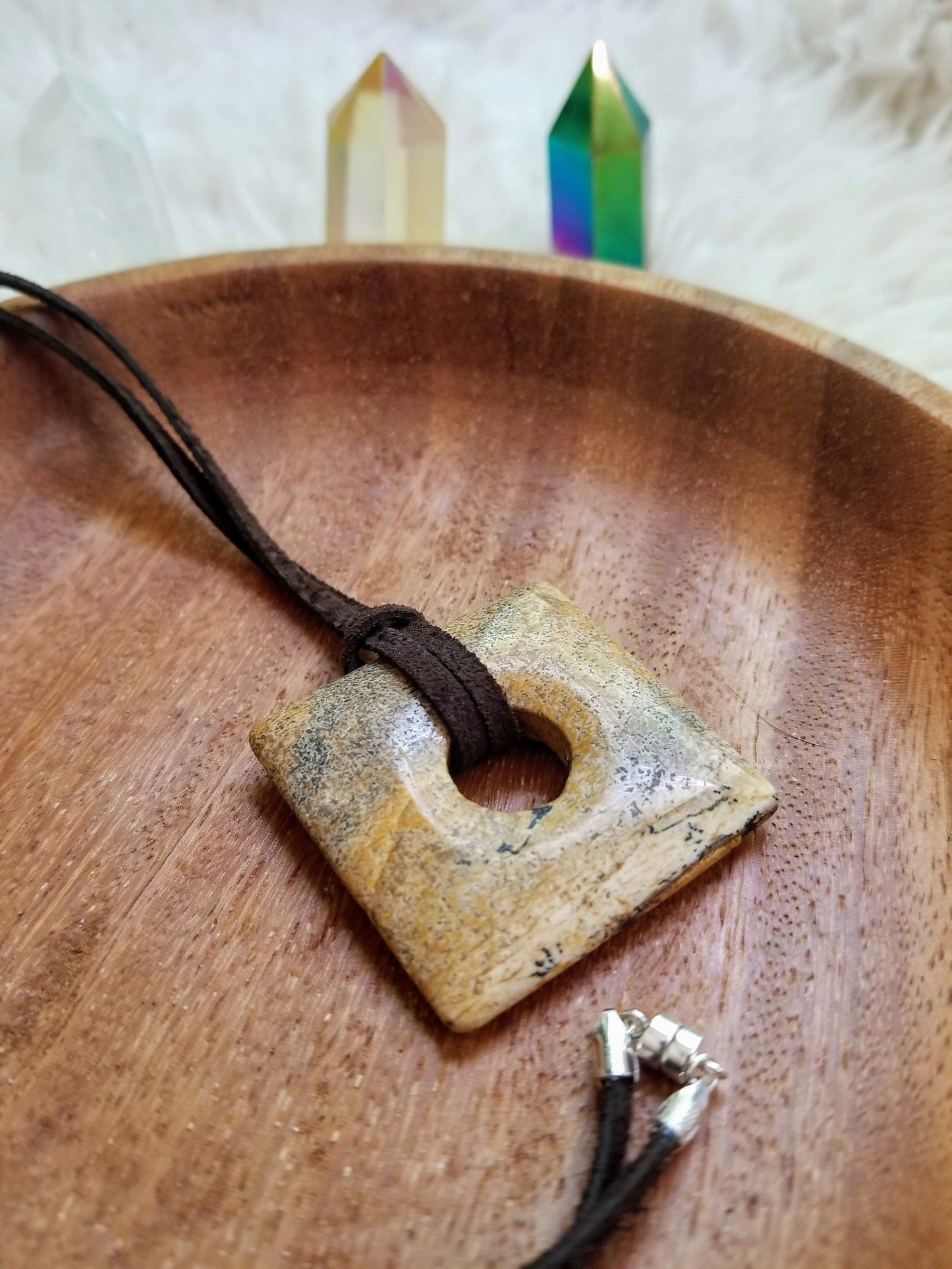 Picture Jasper Gemstone Square Donut Pendant on Suede with Sterling Silver Findings & Magnetic Clasp