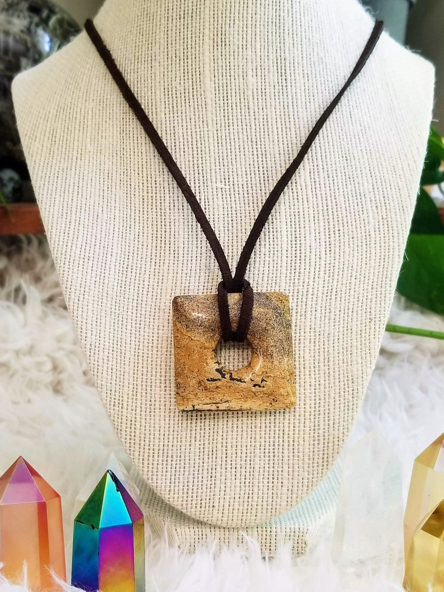 Picture Jasper Gemstone Square Donut Pendant on Suede with Sterling Silver Findings & Magnetic Clasp