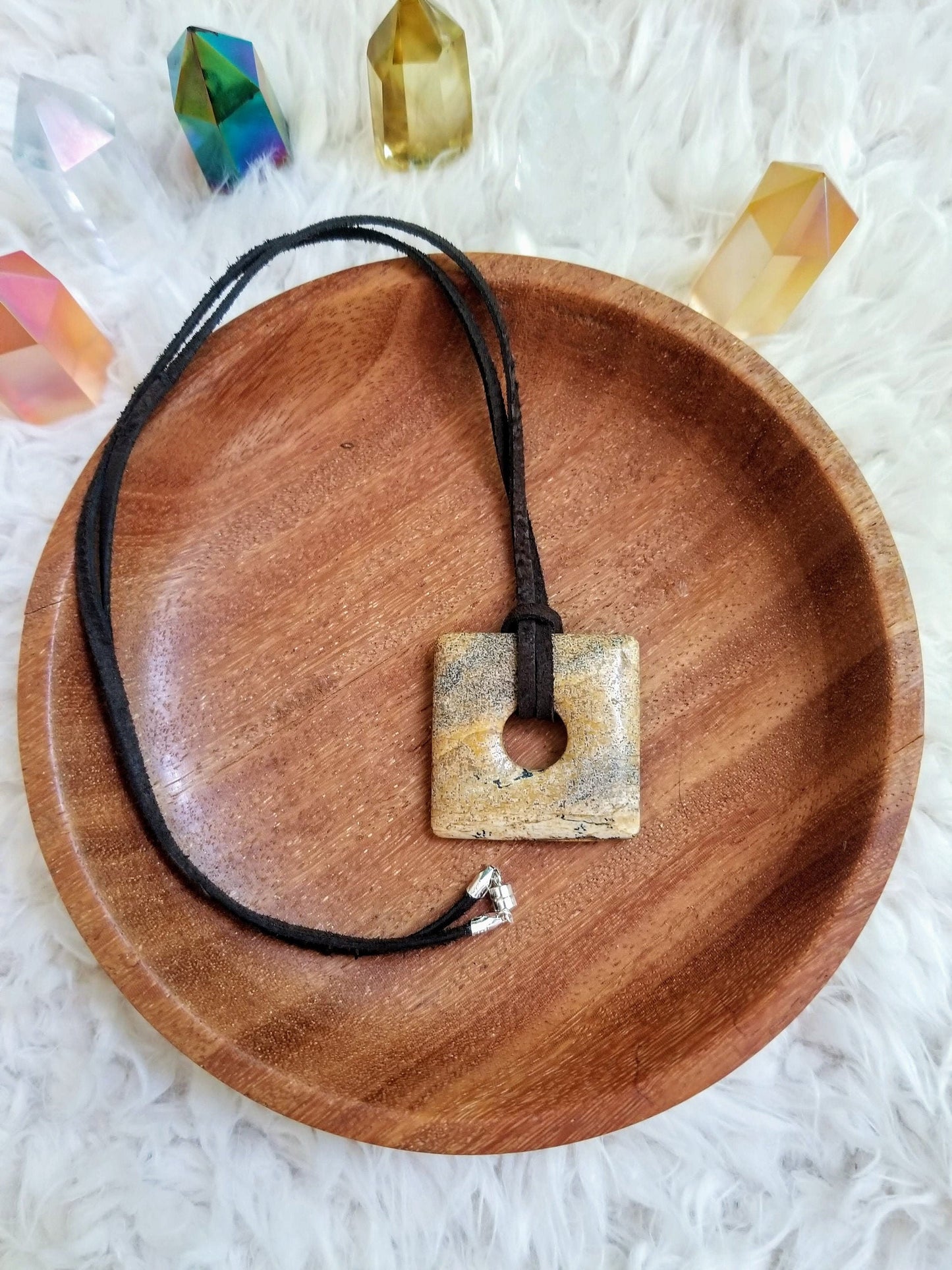 Picture Jasper Gemstone Square Donut Pendant on Suede with Sterling Silver Findings & Magnetic Clasp