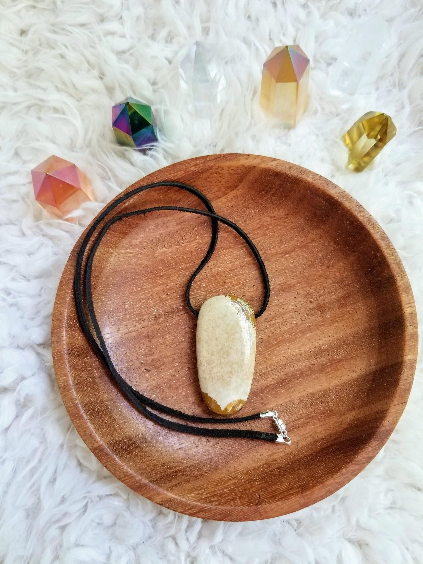 Picture Jasper Gemstone Pendant on Suede with .925 Sterling Silver Findings & Magnetic Clasp