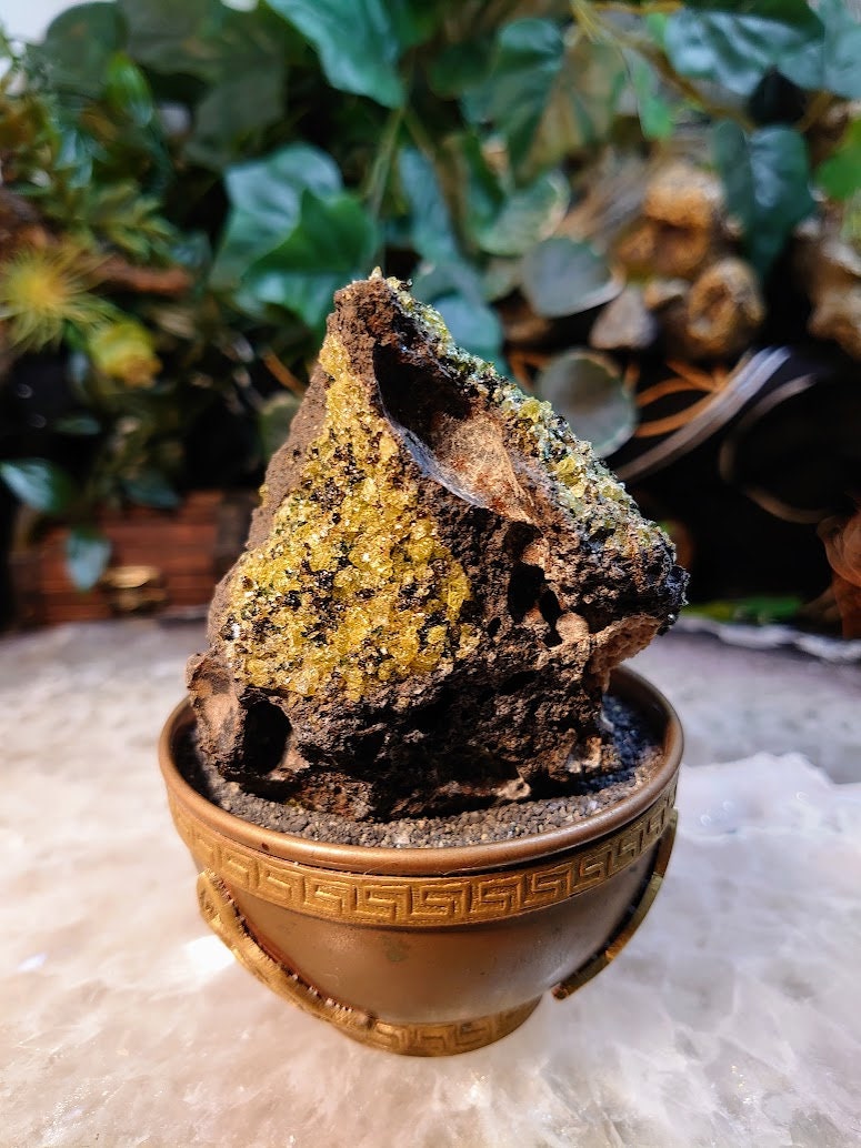Peridot Druzy with Black Tourmaline on Basalt from Arizona for Home and Altar Decor / 230g / Meditation / Reiki / Gifting / Collection