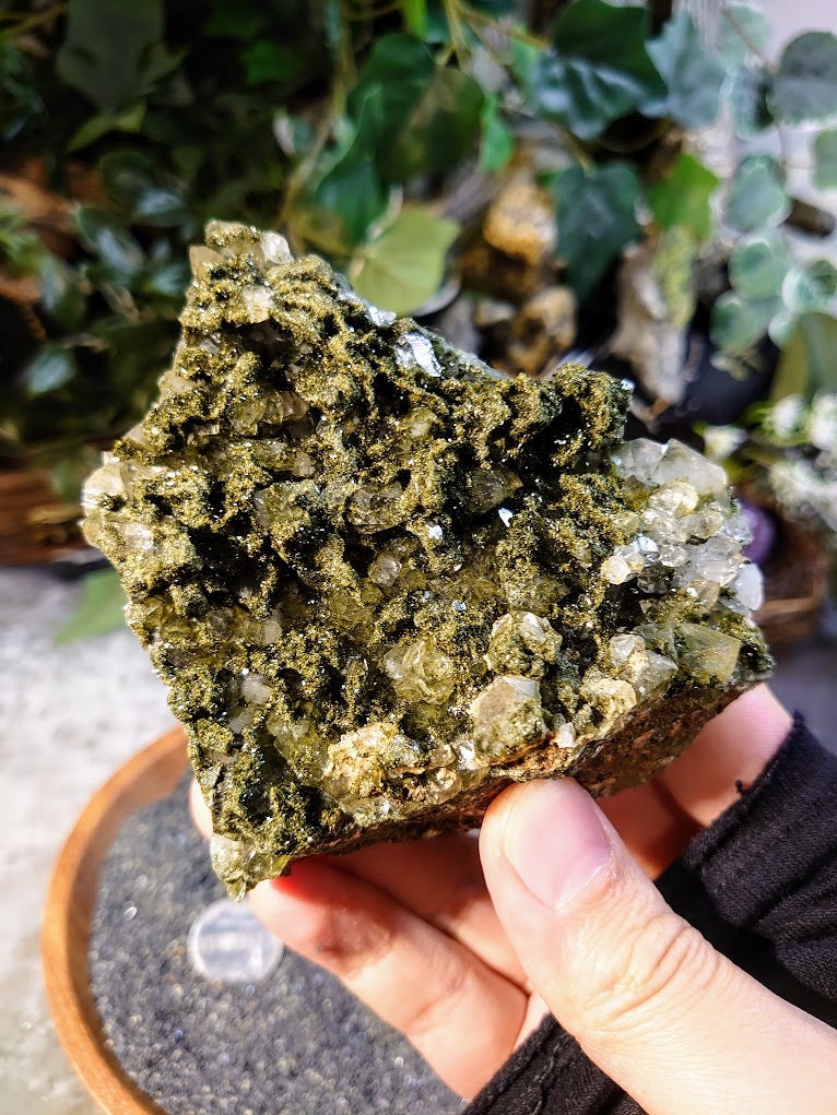 Sparkling Epidote on Quartz on Matrix from Turkey for Crystal Healing / 472g / Mineral Collection / Home and Altar Decor / Cabinet Specimen