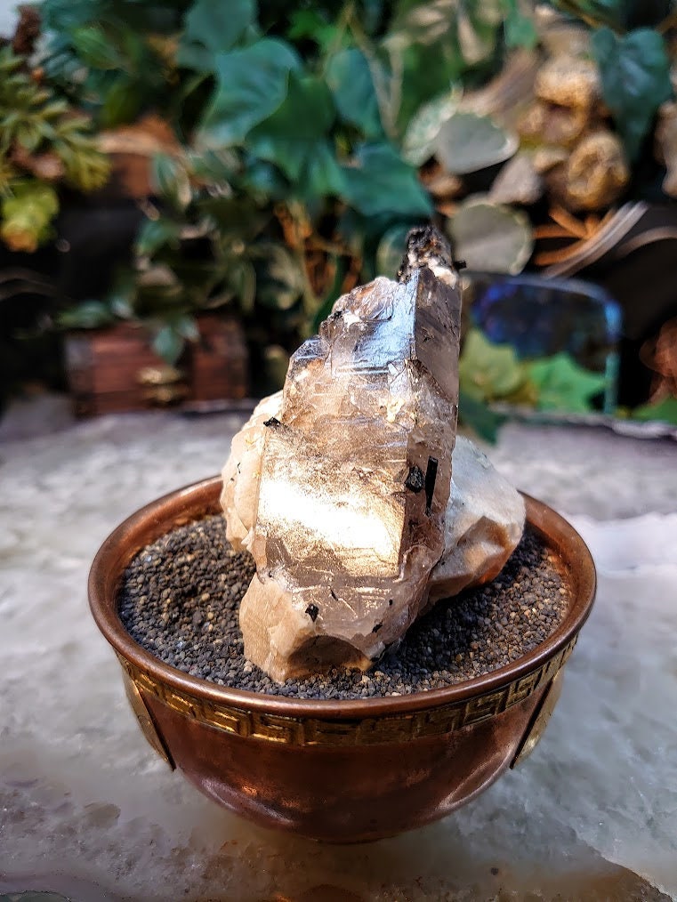 Natural Smoky Quartz Crystal with Aegirine Rods and Black Tips on Feldspar Matrix from Malawi, Africa for Collection / 146g / Morion Quartz