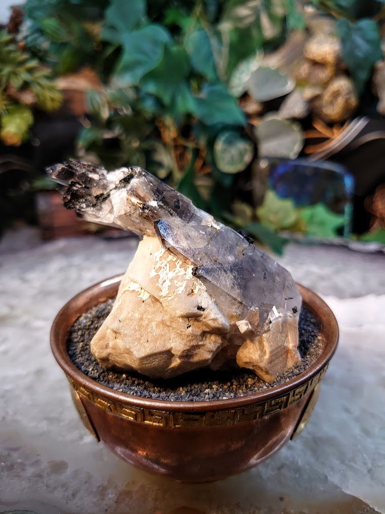 Natural Smoky Quartz Crystal with Aegirine Rods and Black Tips on Feldspar Matrix from Malawi, Africa for Collection / 146g / Morion Quartz