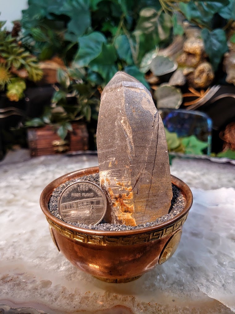 3 3/4" Calcite Coated Smoky Quartz Point with Phantom from Malawi for Home and Altar Decor / 175g / Collection / Meditation