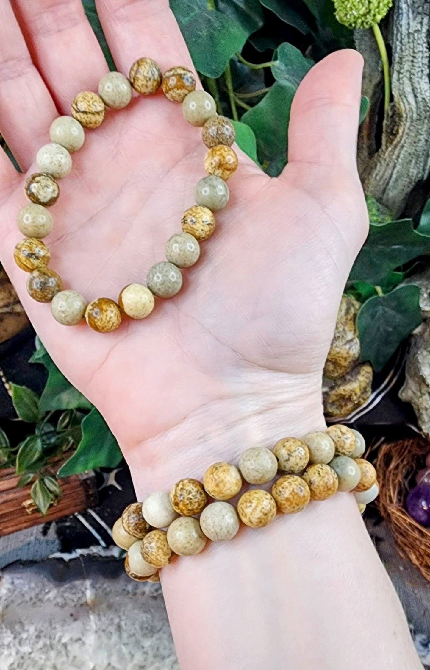 Picture Jasper Gemstone Stretch Bracelet with 8mm Round Beads/ Handmade/ High Quality/ Root and Third Eye Chakra
