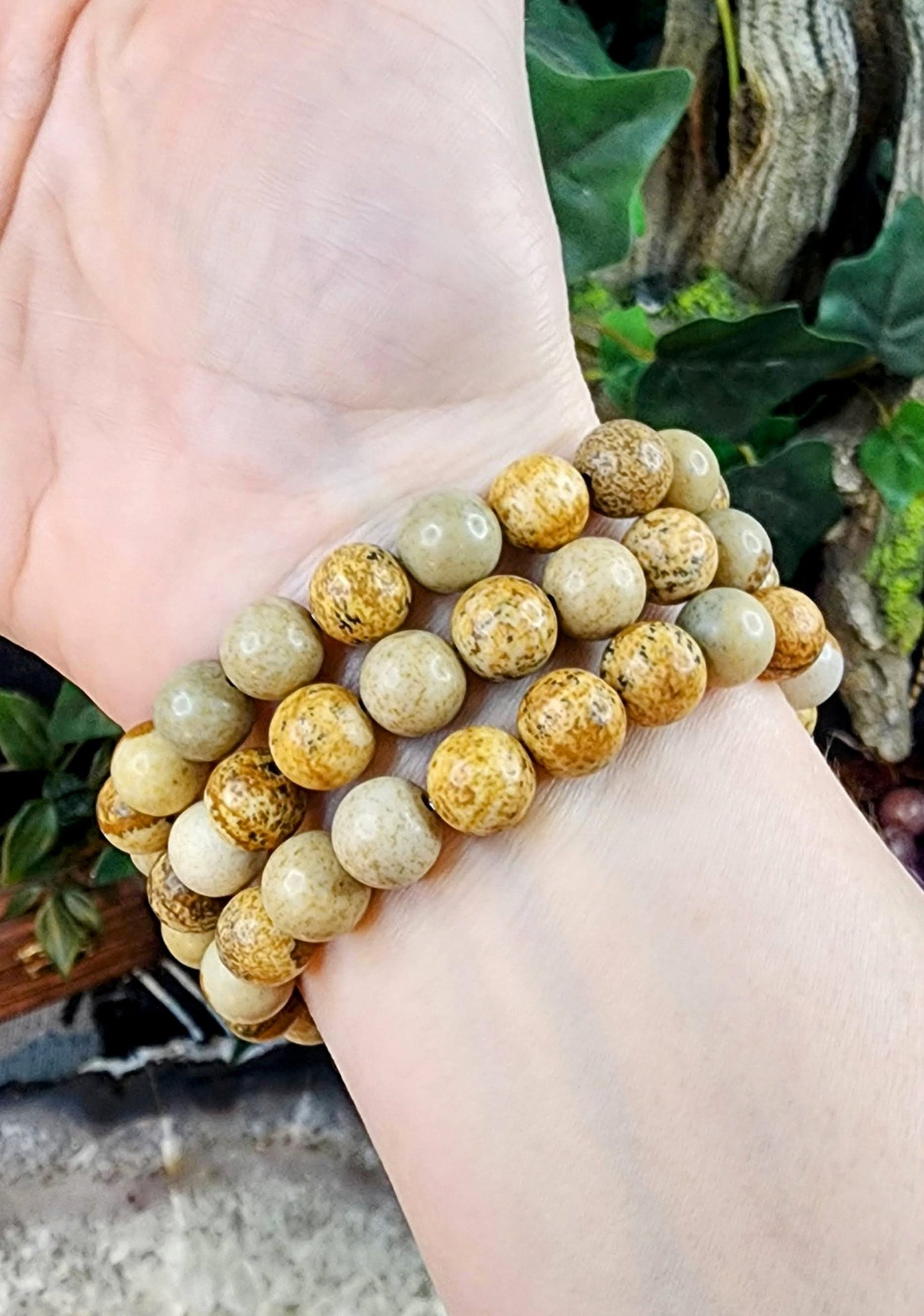 Picture Jasper Gemstone Stretch Bracelet with 8mm Round Beads/ Handmade/ High Quality/ Root and Third Eye Chakra