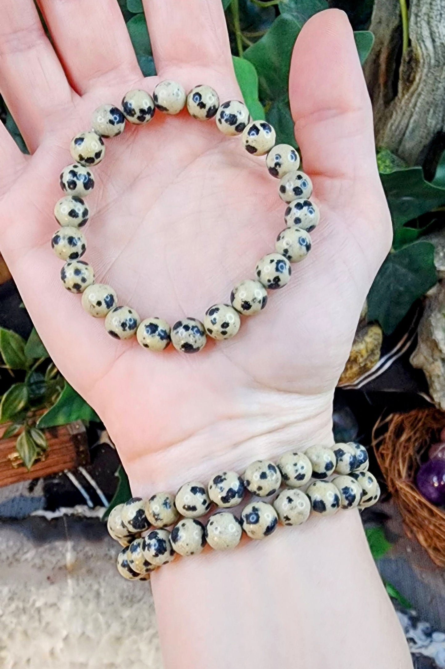 Dalmatian Jasper Gemstone Stretch Bracelet with 8mm Round Beads/ Handmade/ High Quality/ Earth Star, Root, Sacral Chakra
