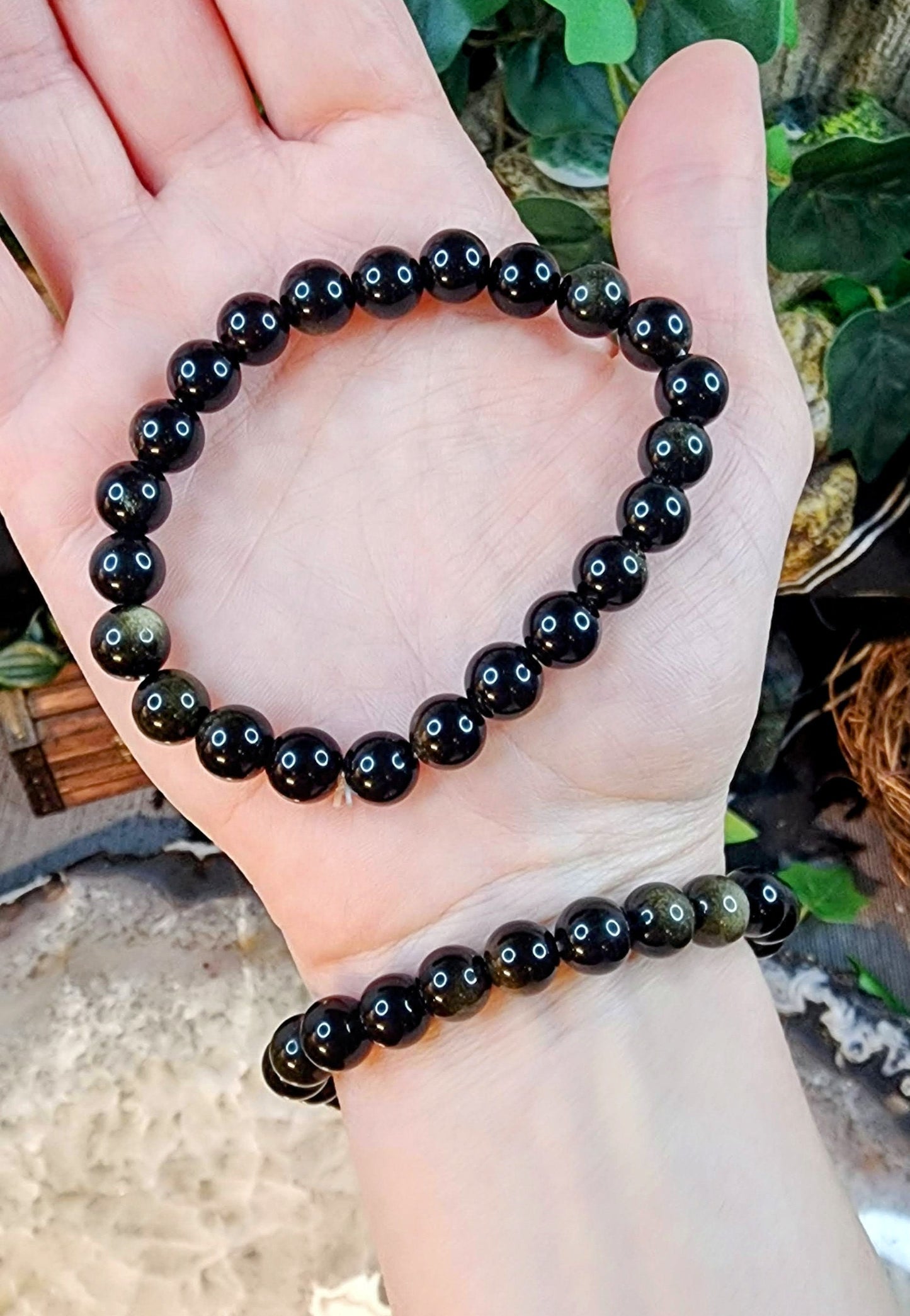 Gold Sheen Obsidian Gemstone Stretch Bracelet with 8mm Round Beads/ Handmade/ High Quality/ Earth Star and Root Chakra