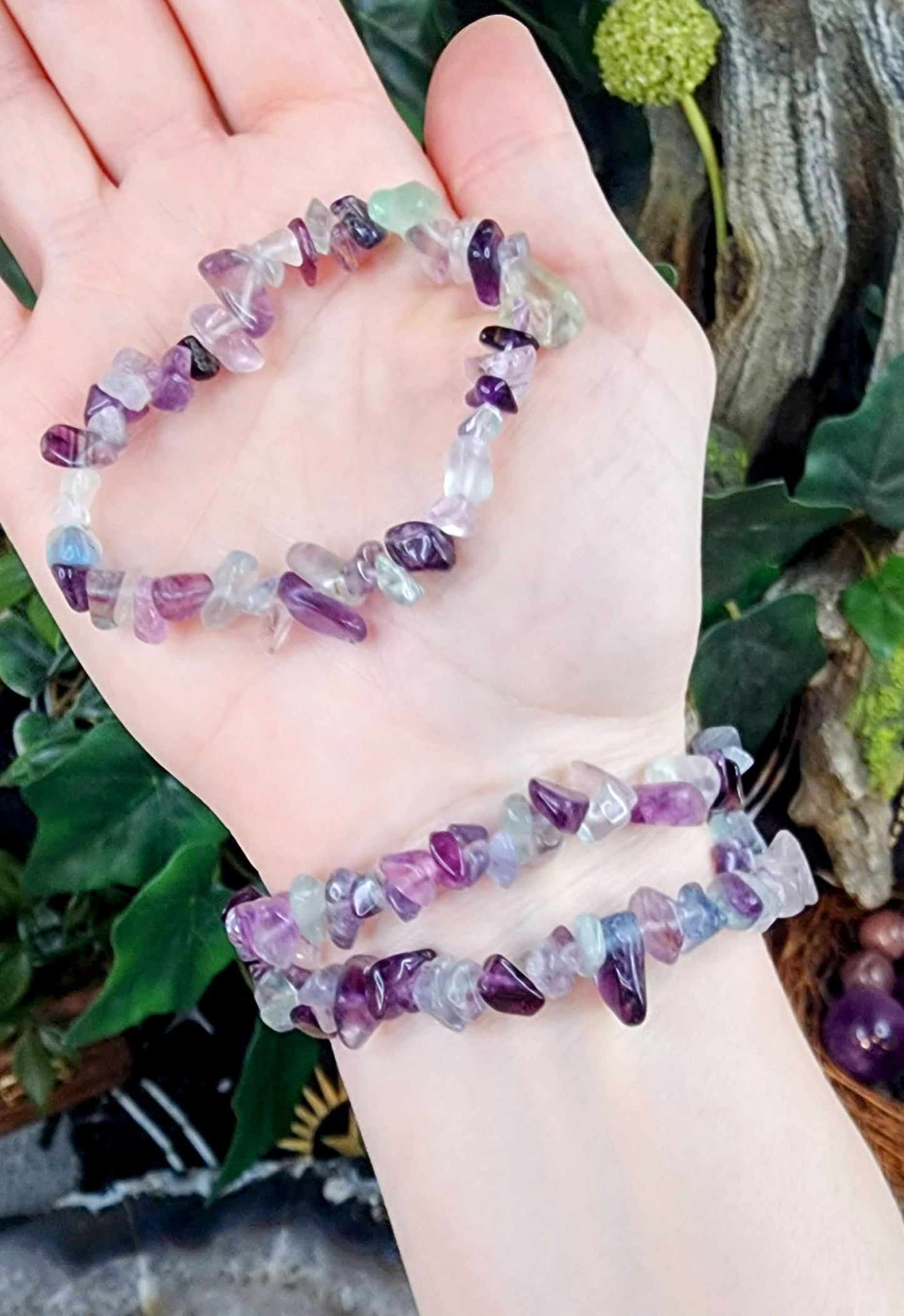 Rainbow Fluorite Gemstone Stretch Bracelet with Chip Stone Beads/ Handmade/ High Quality/ Heart and Crown Chakra