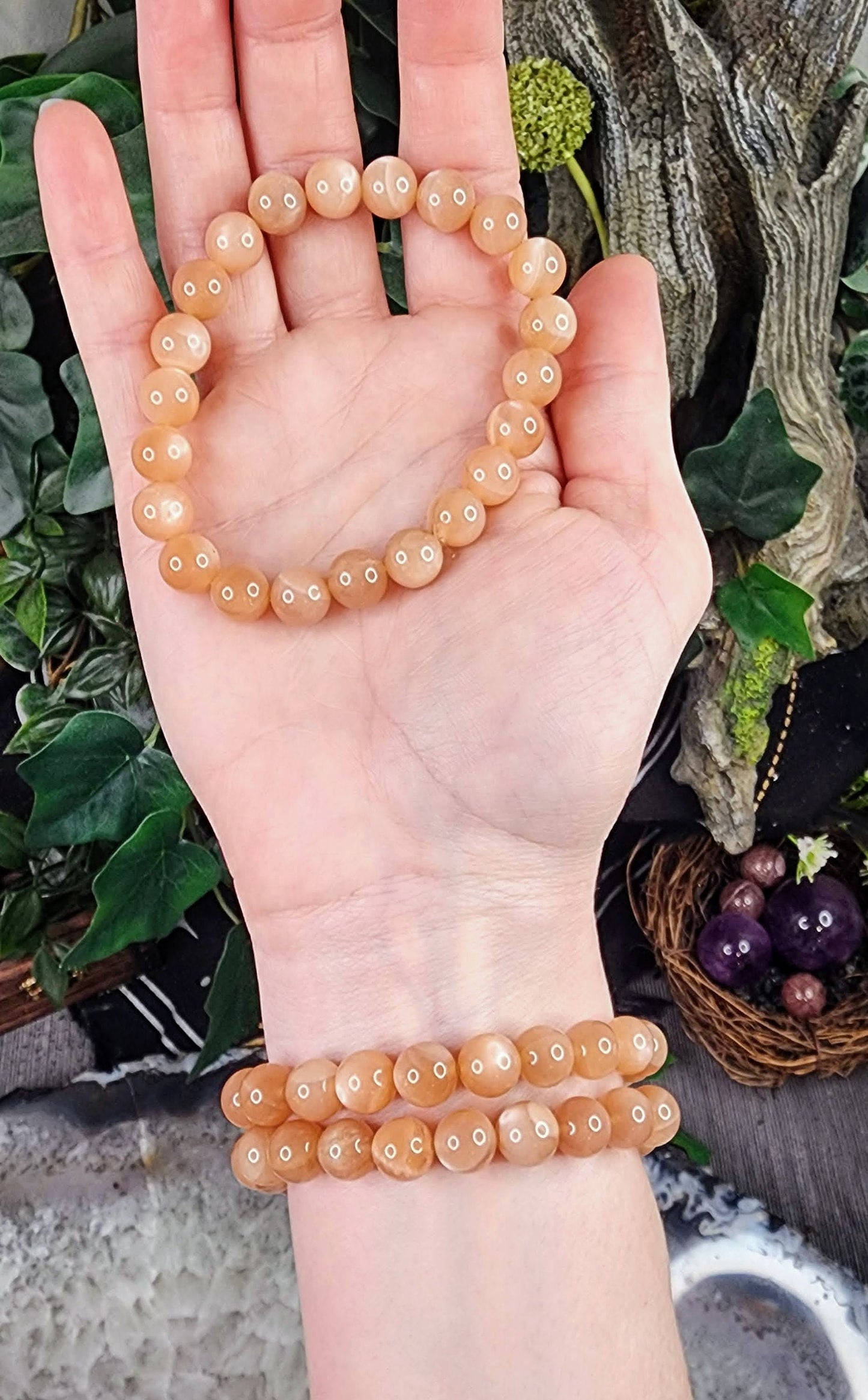 Peach Moonstone Gemstone Stretch Bracelet with 8mm Round Beads/ Handmade/ High Quality/ Sacral, Heart, Crown Chakra