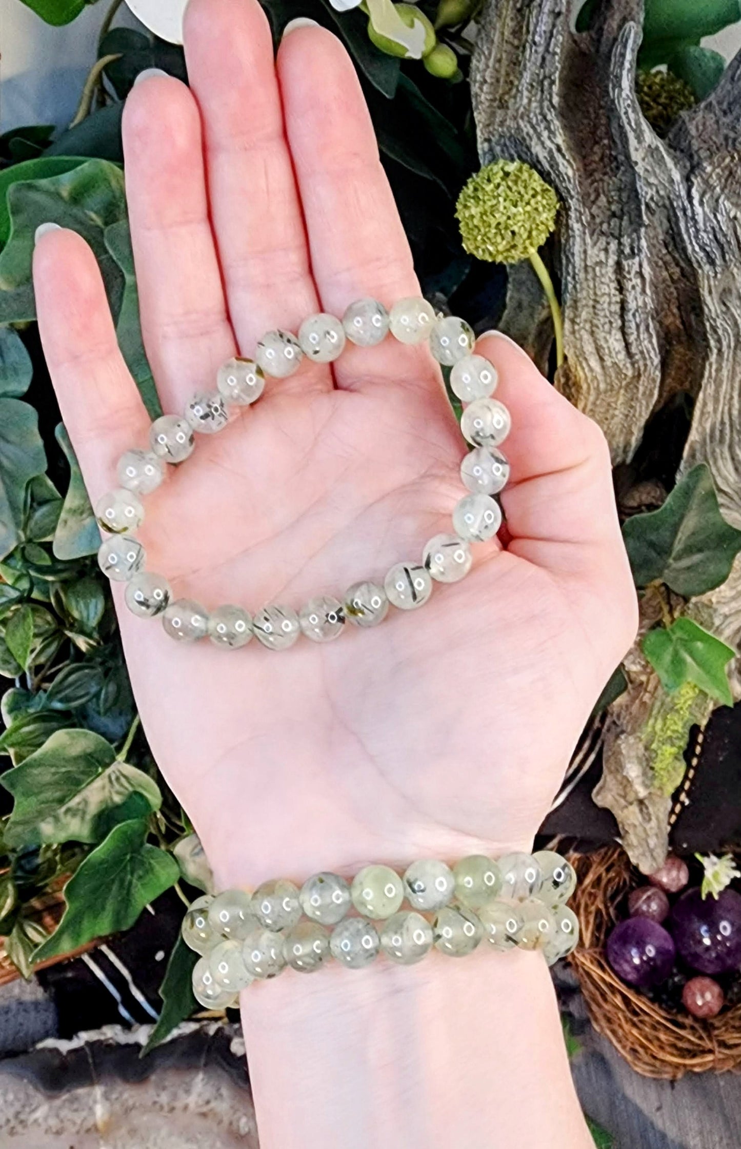 Prehnite with Epidote Gemstone Stretch Bracelet with 8mm Round Beads/ Handmade/ High Quality/ Heart Chakra