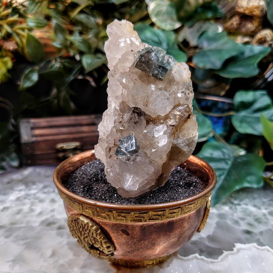 Milky Way Pocket Blue/Green Fluorite Cluster on Quartz, Diana Maria Mine, Rogerley Quarry From United Kingdom / 108g / Small Cabinet Size