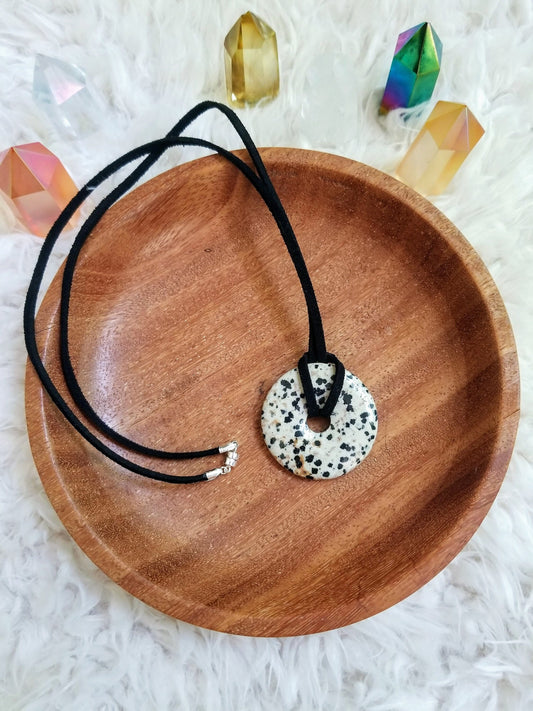 Dalmatian Jasper Gemstone Donut Pendant on Suede with .925 Sterling Silver Findings & Magnetic Clasp
