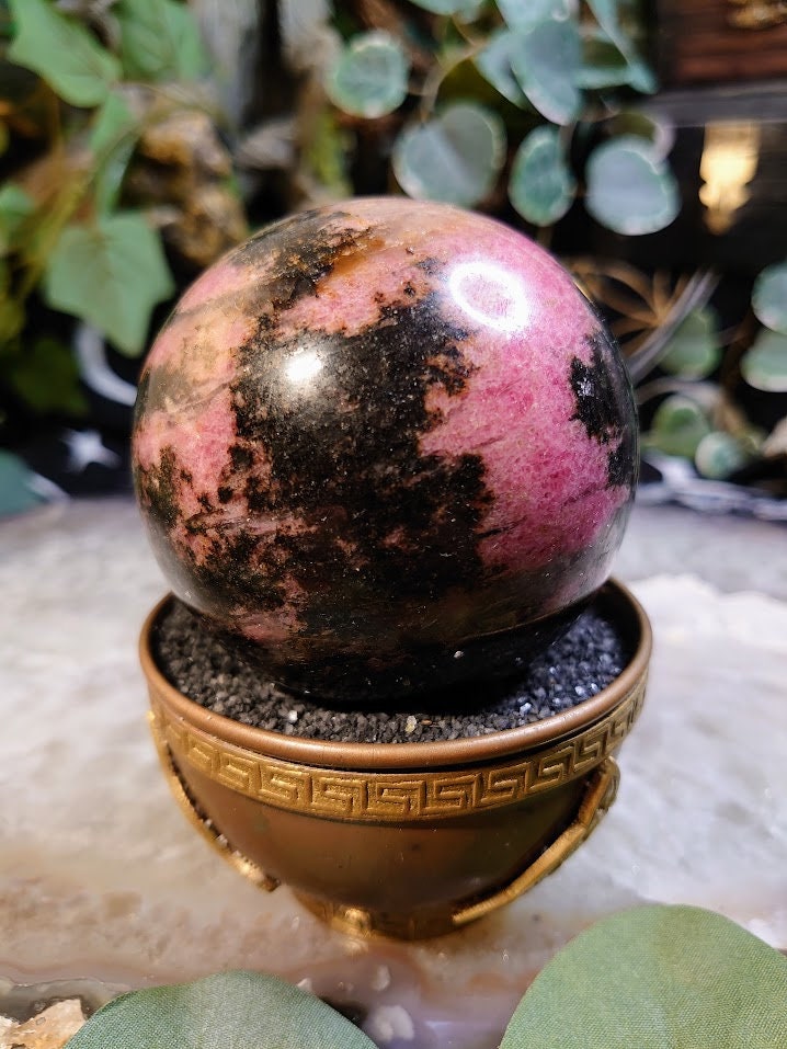2.75" Rhodonite Sphere with Black Manganese  Inclusions from Madagascar for Crystal Healing/ Reiki/ Meditation/ Home & Altar Decor