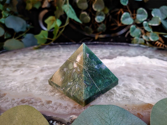 2" Moss Agate Pyramid from Madagascar for Home and Altar Decor / Gifting / Reiki / Collection