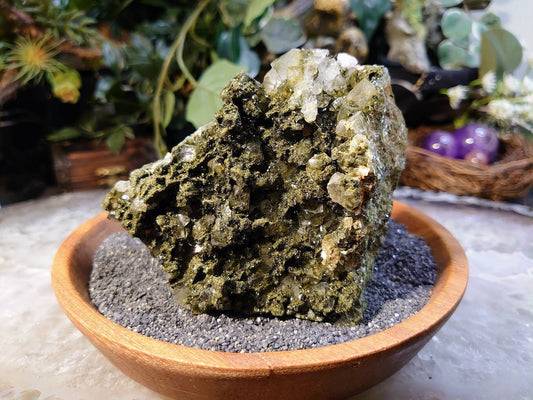 Sparkling Epidote on Quartz on Matrix from Turkey for Crystal Healing / 472g / Mineral Collection / Home and Altar Decor / Cabinet Specimen