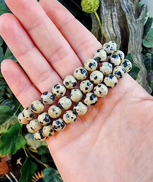 Dalmatian Jasper Gemstone Stretch Bracelet with 8mm Round Beads/ Handmade/ High Quality/ Earth Star, Root, Sacral Chakra