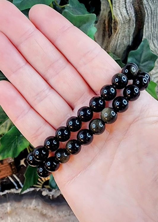 Gold Sheen Obsidian Gemstone Stretch Bracelet with 8mm Round Beads/ Handmade/ High Quality/ Earth Star and Root Chakra