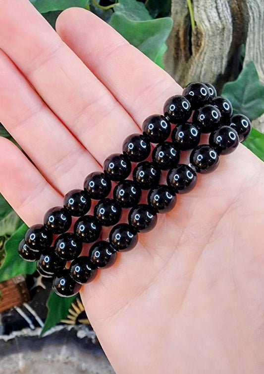 Black Obsidian Gemstone Stretch Bracelet with 8mm Round Beads/ Handmade/ High Quality/ Earth Star and Root Chakra