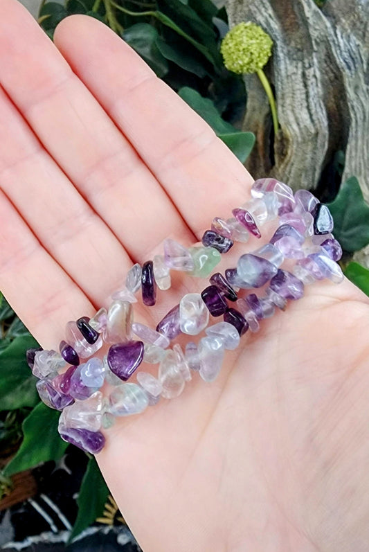 Rainbow Fluorite Gemstone Stretch Bracelet with Chip Stone Beads/ Handmade/ High Quality/ Heart and Crown Chakra