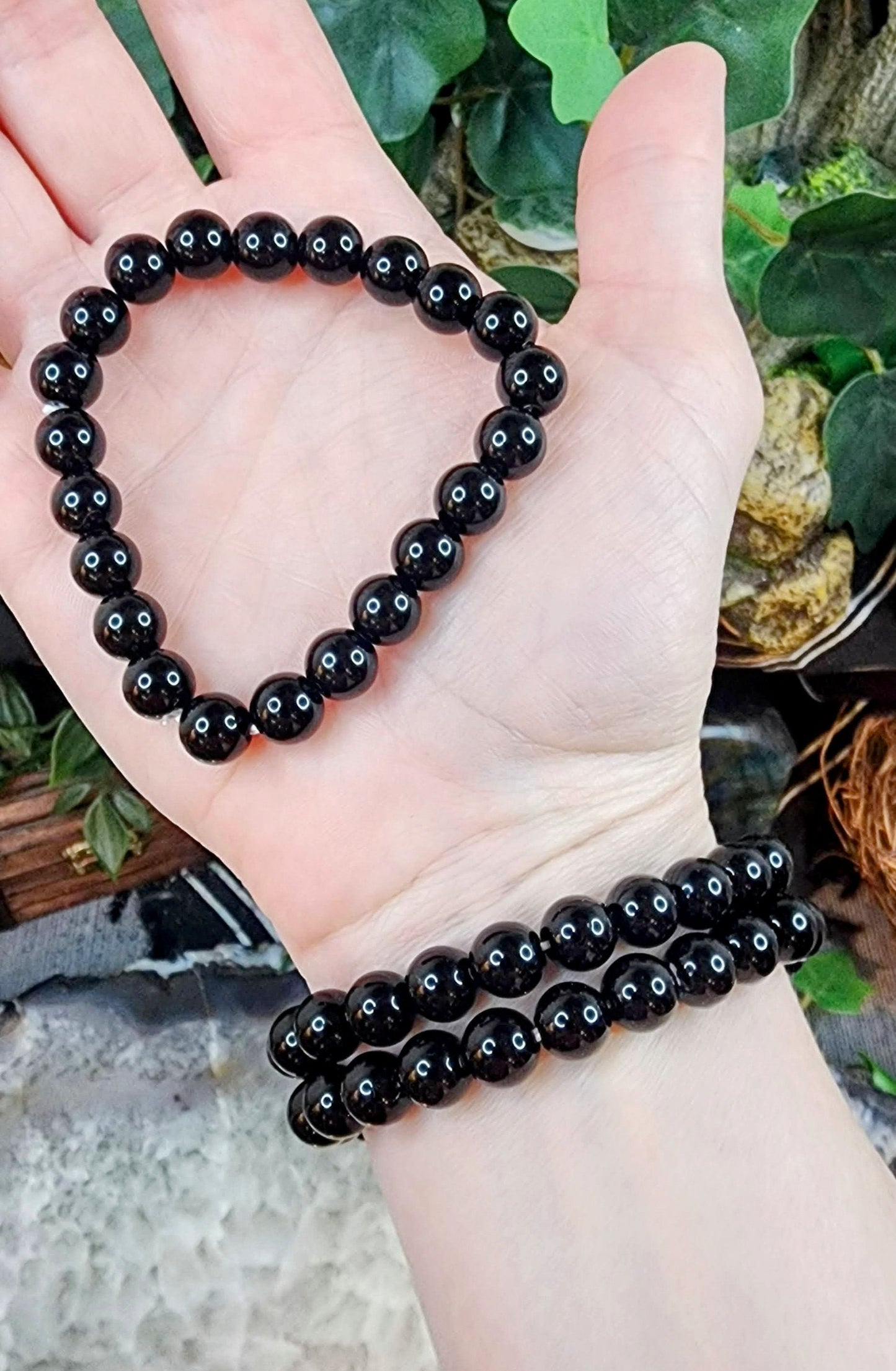 Black Obsidian Gemstone Stretch Bracelet with 8mm Round Beads/ Handmade/ High Quality/ Earth Star and Root Chakra