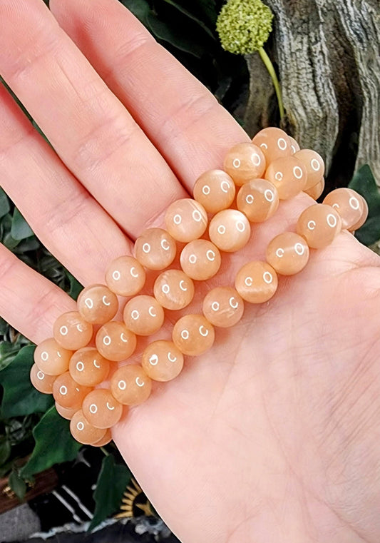 Peach Moonstone Gemstone Stretch Bracelet with 8mm Round Beads/ Handmade/ High Quality/ Sacral, Heart, Crown Chakra