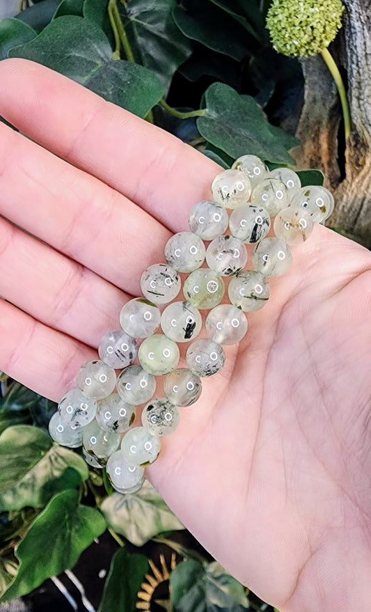 Prehnite with Epidote Gemstone Stretch Bracelet with 8mm Round Beads/ Handmade/ High Quality/ Heart Chakra